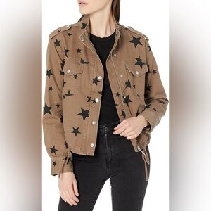 Indigo Saints Brown cotton jacket with black stars, size XL. Zip up with snaps